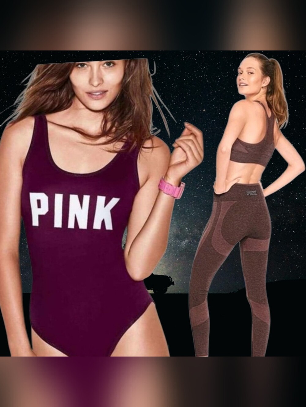 PINK Victoria's Secret Women's Scoop Neck Bodysuit in Plum & Seamless Leggings